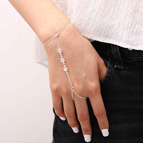 Obmyec Boho Crystal Finger Ring Bracelets Silver Rhinestone Hand Chain Slave Hand Harness Bracelet Accessories for Women and Girls