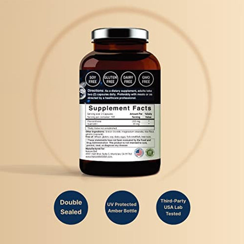 2 in 1 Formula Pterostilbene Quercetin Supplements, 200mg per Serving, 200 Capsules, Naturally Sourced from Wild Blueberry, Supports Healthy Aging, Longevity, Memory, Concentration and Cardio Health