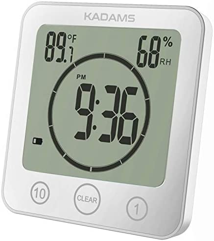 KADAMS Digital Bathroom Shower Kitchen Clock Timer with Alarm, Waterproof for Water Splashes, Visual Countdown Timer, Time Management Tool, Indoor Temperature Humidity, Suction Cup, Hole Stand - White