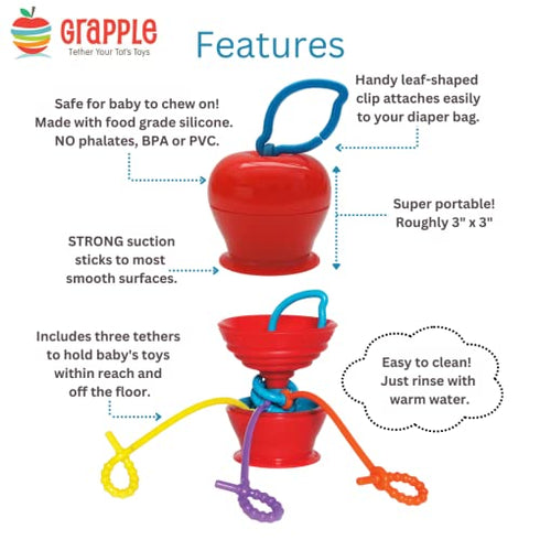 Grapple Suction High Chair Toy Holder | 3 Toy Tethers Keep Toys from Falling | Holds Teethers, Toys, Snack Cups | for Babies 6-12 Months | Perfect for Travel and Restaurants|