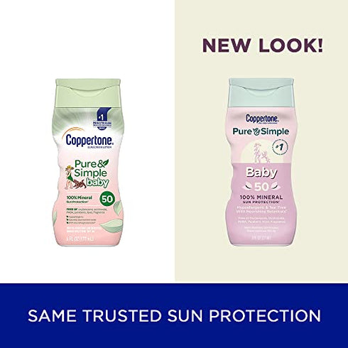 Coppertone Pure and Simple Baby Sunscreen SPF 50 Lotion, Zinc Oxide Mineral Sunscreen for Babies, Tear Free, Water Resistant, Broad Spectrum SPF 50 Sunscreen, 6 Fl Oz Bottle