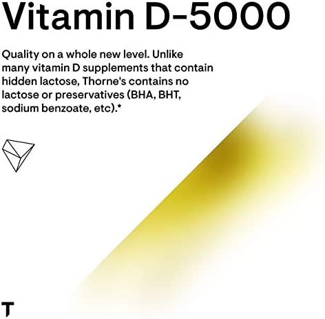 Thorne Vitamin D-5000 - Vitamin D3 Supplement - 5,000 IU - Support Healthy Bones, Teeth, Muscles, Cardiovascular, and Immune Function - NSF Certified for Sport - Dairy-Free, Soy-Free - 60 Capsules