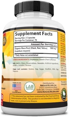Organic Maca Root Black, Red, Yellow 1900 MG per Serving - 150 Vegan Capsules Peruvian Maca Root Gelatinized 100% Pure Non-GMO Supports Reproductive Health Natural Energizer