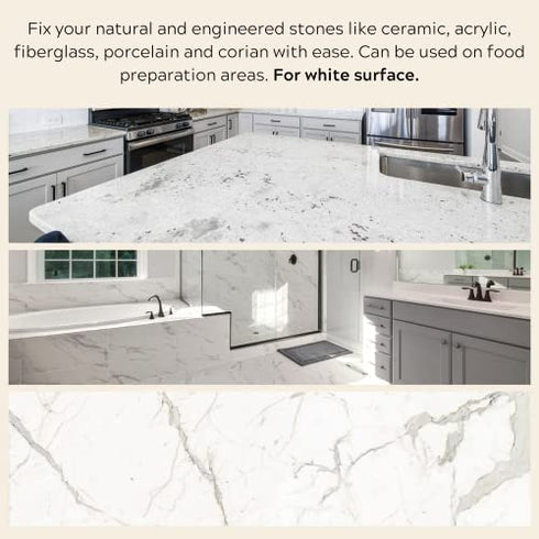 Granite, Porcelain & Marble Repair Kit - Standard White - Fix Chips & Defects in Minutes | Restore Tiles & Countertops with Ease | for Quartz, Corian, Acrlic and Fiberglass I Flawless Results
