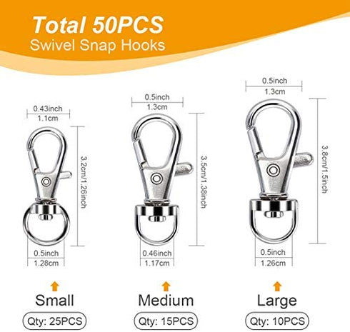 100PCS Swivel Snap Hooks with Key Rings, Premium Metal Swivel Lobster Claw Clasps Assorted Sizes (Large, Medium, Small) for Keychain Clip Lanyard, Jewelry Making, Crafts, Silver