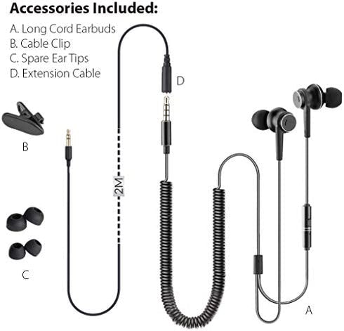 Avantree Long Cord Earbuds for TV & PC, 18ft / 5.5m Extension Cable Earphones with Mic & Extra Long Spring Coil Wire, Metal Stereo in-Ear Wired Bass Headphones for 3.5mm Audio Output Devices - HF027