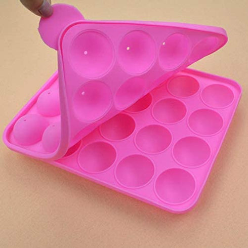 Rbenxia Silicone Cake Mold 20-cavity Half Circle Lollipop Party Cupcake Baking Mold Cake Pop Stick Mold Tray Pink with 25 Sticks