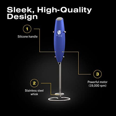 Bean Envy Handheld Milk Frother for Coffee - Electric Hand Blender, Mini Drink Mixer Whisk & Coffee Foamer Wand w/ Stand for Lattes, Matcha and Hot Chocolate - Kitchen Gifts - Blue