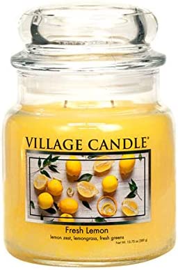 Village Candle Fresh Lemon, Medium Glass Apothecary Jar Scented Candle, 13.75 oz, Yellow, Medium Glass Apothecary Jar, 13.75 net oz (4160036)