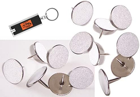 White Reflective Tacks (100 Pack) Trail Marking Tacks, Glow Tacks, Hiking Markers, Trail Marking Reflectors, Mark Trail Reflective Thumb Tacks for Hunting, White Tacks with Included LED Keychain Light