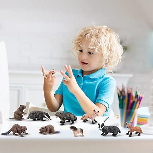 TOYMANY 10PCS Tiny Forest Animal Figures, Realistic Woodland Creatures Figurines Toy Set Includes Beavers Foxes Badgers, Easter Eggs Education Birthday Gift Christmas Toy for Kids Children Toddlers