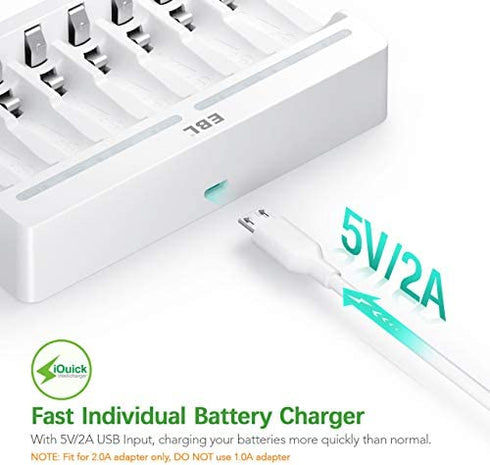 EBL 8 Bay AA AAA Battery Charger - Individual Battery Charger with 5V 2A Fast Charging Function for Ni-MH Ni-CD AA AAA Rechargeable Batteries