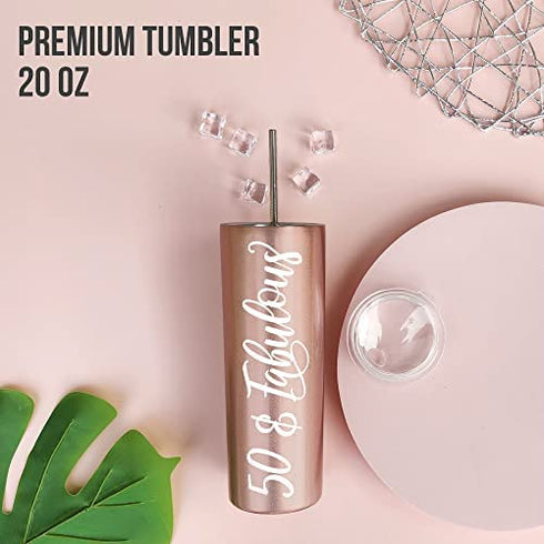 PARIS PRODUCTS CO. 50 & Fabulous Stainless Steel Wine Tumbler w Lid + Straw, Happy 50th Birthday Gifts For Her, 50th Birthday Gifts Women, 50th Birthday Decorations For Her, 50th Birthday Cup