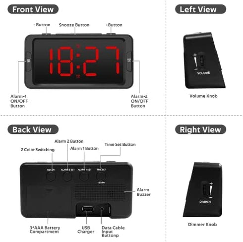 Digital Alarm Clock, LED Electronic Clocks with White&Red Colors Switching Alarm Clock for Heavy Sleepers Adults with 30-100dB Adjustable Volume and 0-100% Brightness ,USB Charger