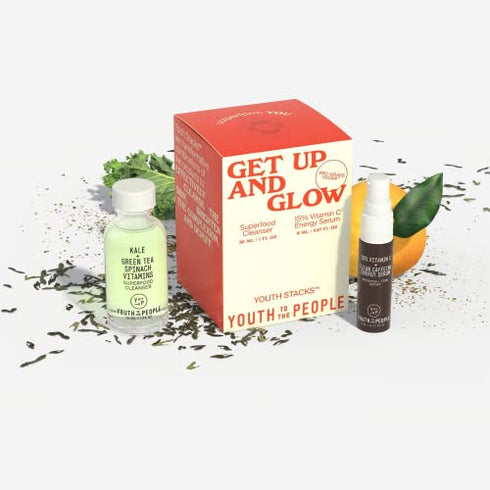 Youth To The People Youth Stacks Get Up + Glow - Superfood Cleanser (30mL) + 15% Vitamin C Energy Serum (8mL) Morning Skincare Kit - Cleanse the Skin, Illuminate the Complexion + Depuff - Vegan