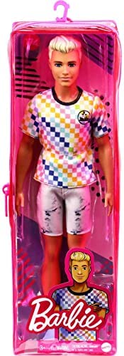 Barbie Ken Fashionistas Doll #174 with Sculpted Blonde Hair Wearing a Surf-Inspired Checkered Shirt, Stone Wash Denim Shorts & White Slip-on Deck Shoes, Toy for Kids 3 to 8 Years Old