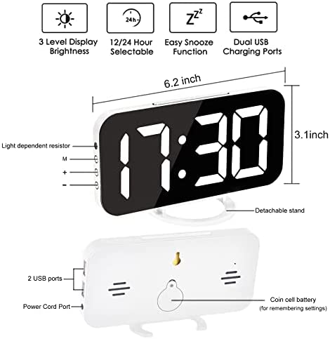 Ygdigital Digital Alarm Clock,6.5 Inch Large Display LED Mirror Electronic Clocks, with Snooze,12/24H,Dual USB Charging Ports, 3 Adjustable Brightness,for Bedroom Home Office -White