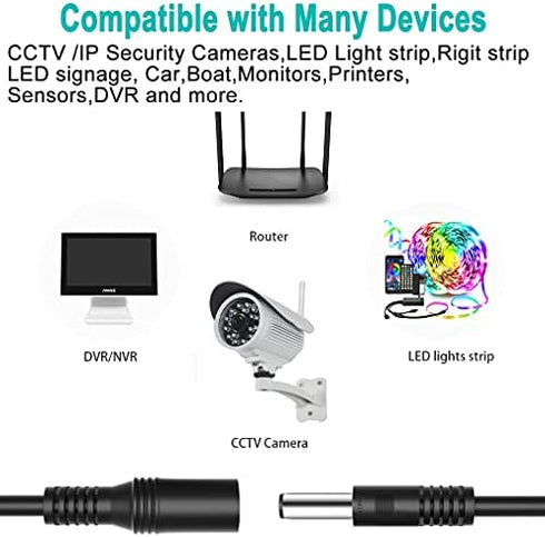 30FT DC Power Extension Cable 5.5mm x 2.1mm 12V DC Extension Cord Security Camera Wire Male to Female for CCTV Indoor Camera,Standalone LED Strip,DC Power Supply Adapter Extender Cable