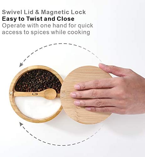 KITCHENDAO Bamboo Salt and Pepper Bowl Box Cellar Container Divided, Built-in Serving Spoon to Avoid Dust, Swivel Lid to Keep Dry, Sea Salt Spice Seasoning Keeper Holder, Dual 7 Ounce Capacity