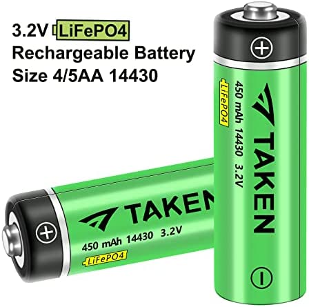 Taken 14430 3.2 Volt Rechargeable Solar Battery, 3.2V 450mAh 14430 LiFePO4 Rechargeable Battery for Solar Panel Outdoor Garden Lights (NOT AA Battery) - 8 Pack