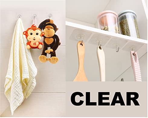 QUALIALL Adhesive Hooks, 20 Packs, 33lbs/15kg Premium Heavy Duty Wall Ceiling Hooks for Hanging, Damage Free, Clear Sticky Hanger for Kitchen, Bathroom Shower Outdoor Use.