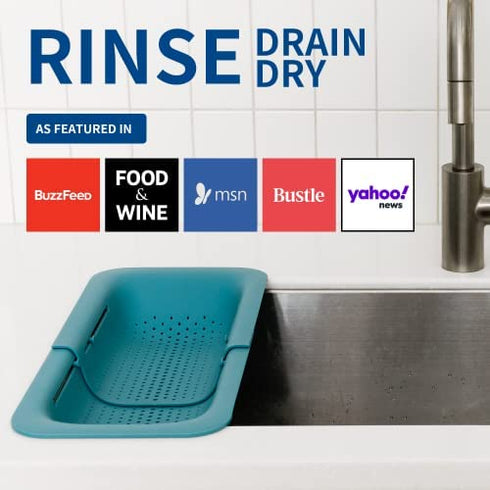 BLUE GINKGO Over the Sink Colander Strainer Basket - Wash Vegetables and Fruits, Drain Cooked Pasta and Dry Dishes - Extendable - New Home Kitchen Essentials (7.9 W x 14.5-19.5 L x 2.75 H) - Teal