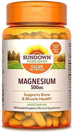 Sundown Magnesium Supplement, Non-GMO, Gluten-Free, Dairy-Free, Vegetarian, 500mg Coated Caplets, 180 Count, 6 Month Supply