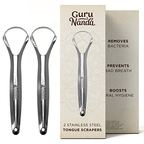GuruNanda Stainless Steel Tongue Scraper (Pack of 2), Fight Bad Breath, Medical Grade 100% Stainless Steel Tongue Cleaner, Tongue Scraper For Adults and Kids, Great For Oral Care, Travel Friendly