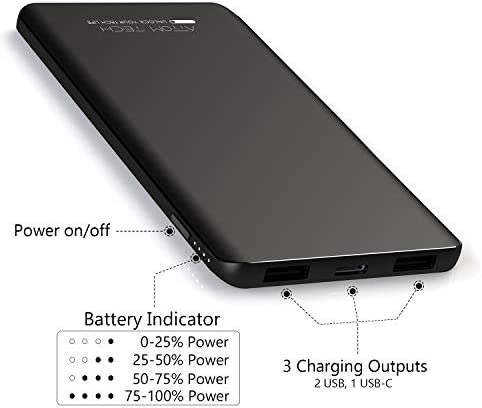 Attom Tech Triple USB Outputs Super Slim Power Bank Ultra Thin, 5000mAh Mini Portable Charger External Phone Battery Pack Small Dual USB Outlet, Emergency Phone Power Backup