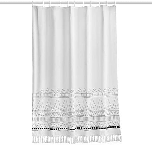 YoKii 36 Inch Boho Stall Shower Curtain with 4'' Long Tassels, Bohemian Nordic Chic Geometric Striped Single Small Bathroom Shower Curtains Set with Hooks (36 x 72, White)