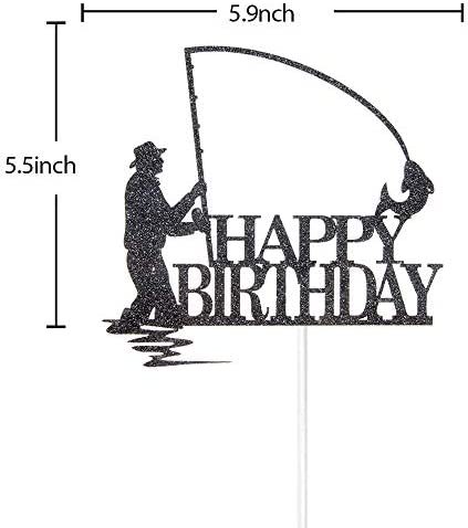 Black Glitter Happy Birthday Cake Topper, Birthday Party Decorations, Fishing Cake Topper, Fisherman Birthday Party Supplies