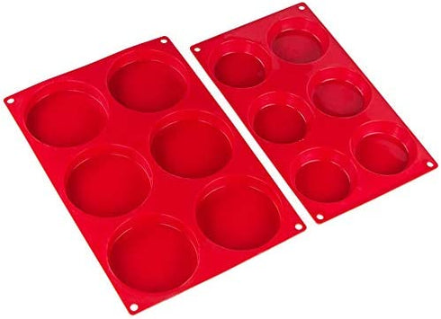 Webake Silicone Molds for 3 Inch and 4 Inch Round Disc Pan for Cake, Muffin Top, Bun, Custard, Tart, Resin Coaster, 6 Cavity, Red Set of 2