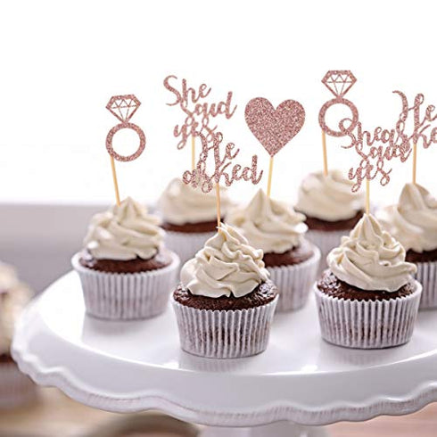 Donoter 48 Pcs Rose Gold He Asked She Said Yes Cupcake Toppers Diamond Ring Heart Cake Picks for Wedding Engagement Party Cake Decorations
