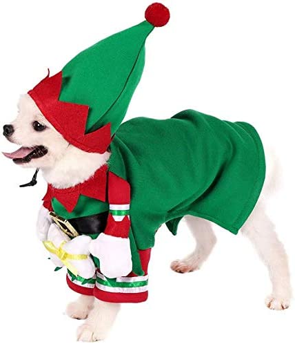 Mogoko Dog Cat Christmas Elf Costume, Funny Pet Cosplay Dress with Cap, Puppy Fleece Warm Outfits Animal Festival Apparel Clothes(L Size)