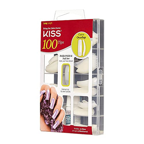 KISS 100 Tips False Nail Kit, Curve Overlap Style, Long Length, Long Lasting Fake Nail Tips, DIY Home Manicure Set with Nail Glue 3 g / 0.11 oz. and 100 Artificial Nails in 10 Sizes