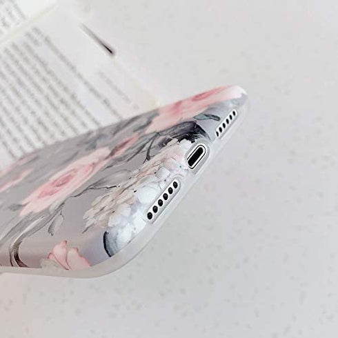 YeLoveHaw iPhone XR Case for Girls, Flexible Soft Slim Fit Full-Around Protective Cute Shell Phone Case Cover with Purple Floral and Gray Leaves Pattern for iPhone XR 6.1 Inch (Pink Flowers)
