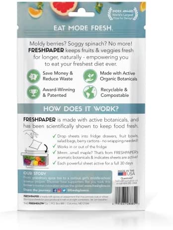 FRESHPAPER Keeps Fruits & Vegetables Fresh for 2-4x Longer, 8 Reusable Food Saver Sheets for Produce (1 Pack), Made in the USA by The FRESHGLOW Co