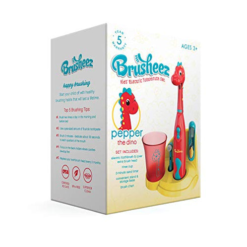 Brusheez® Kid's Electric Toothbrush Set - Soft Bristles, Easy-Press Power Button, Battery Operated, 2 Brush Heads, Animal Cover, Sand Timer, Rinse Cup and Storage Base - Ages 3+ (Pepper The Dino)