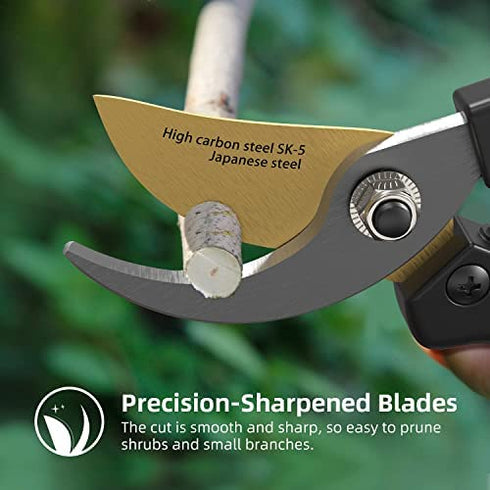 8" Pruning Shears, Pohaku Garden Shears Premium Titanium Scissors Clippers with Safety Locking Spare Spring, Bypass Hand Pruners, Branch Cutter Gardening Hand Tools for Trimming Bushes Flowers Plants