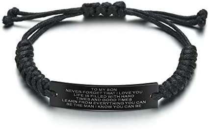 Son Gift Personalized Braided Bracelet from Mom and Dad with Dog Tag Necklace You Will Never Lose Birthday Graduation Valentines Gifts Black Stainless Steel