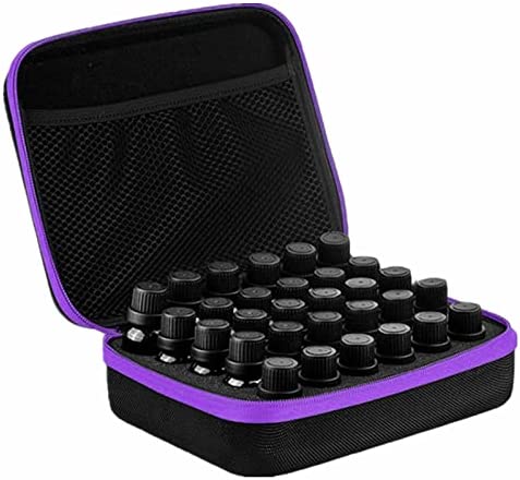 Essential Oils Storage, TUZAZO Essential Oils Carrying case for 30 Bottles 5ml 10ml 15ml, Hard Shell Shockproof & Durable, Come with Bottle Opener, Bottle Cap Labels (Black&Purple)
