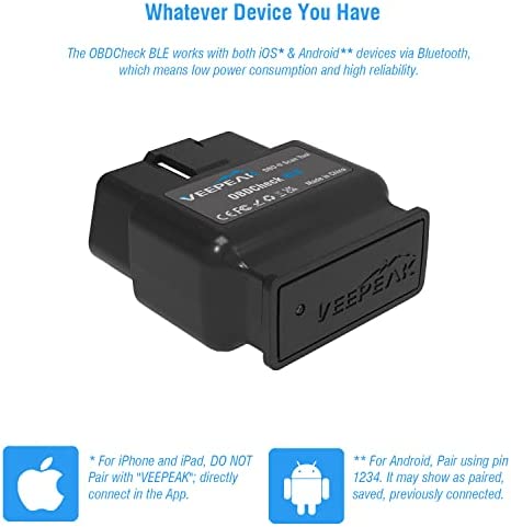 Veepeak OBDCheck BLE Bluetooth OBD II Scanner Auto Diagnostic Scan Tool for iOS & Android, Bluetooth 4.0 Car Check Engine Light Code Reader
