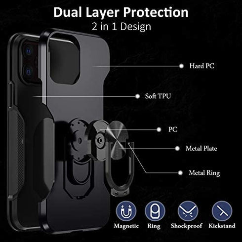Charlam Compatible with iPhone 12 Case, Compatible with iPhone 12 Pro Case 6.1 Inch 2020 for Men, Scratch-Resistant Shock-Absorbing Protective Bumper Cases Cover with Ring Holder Kickstand, Black
