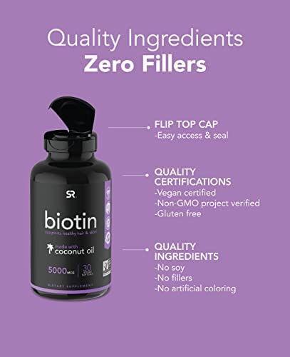 Sports Research Extra Strength Vegan Biotin (Vitamin B) Supplement with Organic Coconut Oil - Supports Keratin for Healthier Hair & Skin - Great for Women & Men - 5,000mcg, 30 Veggie Softgel Capsules