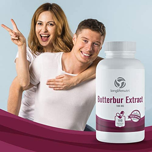 Butterbur Extract 100mg 180 Vegetarian Capsules | Made In Usa | Natural Headache Supplement | Migraine and Allergy Relief | Supports Healthy Bladder and Inflammation | 100 mg Pure Powder Pill Formula