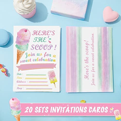 WERNNSAI Glitter Ice Cream Party Invitations with Envelopes - 20 Count Pink Sweet Popsicle Fill in Invite Cards for Girls Birthday Baby Shower Wedding Summer Pool Beach Party Supplies