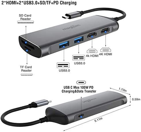 USB C Dock Laptop Docking Station Dual Monitor Triple Display with 4K HDMI, 2 USB 3.0 Ports, SD/TF Slots and PD 100W Charging Port, 7 in 1 Hub for HP/Dell/XPS/Lenovo/MacBook Pro Full-Featured Laptops