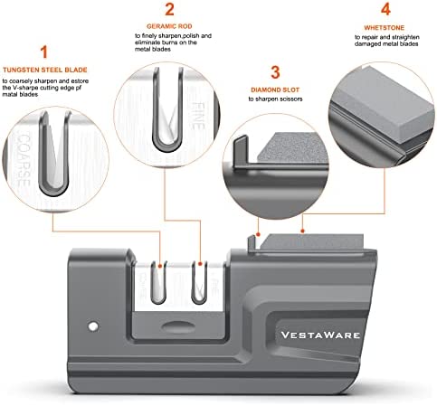 Knife Sharpener, 4-in-1 Foldable Kitchen Knife Sharpener with Sharpening Stone, 3-Stage Non-Serrated Knife & Scissor Sharpener, Quickly Sharpening, Repair/Restore/Polish Blades, Gray