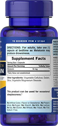 Puritan's Pride Melatonin 10 mg Sleep aid Insomnia Relax Sleep Pill 120 Capsules (3-Pack)