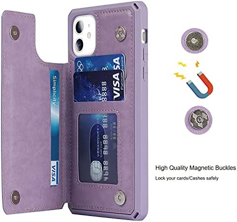 Jaorty for iPhone 11 Wallet Case with RFID Blocking Card Holder for Girls Women,Premium PU Leather Magnetic Buttons Stand Flip Wrist Strap Case for iPhone 11 6.1 Inch,Heart Purple